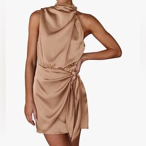 Womens Mock Neck Tie Waist Cocktail Party Dress